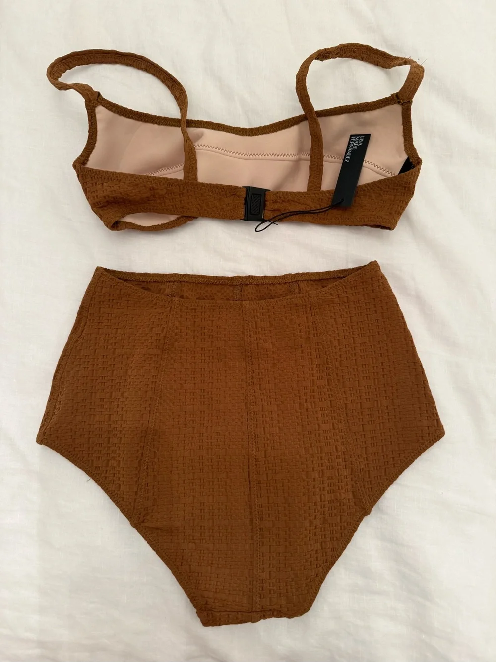LISA MARIE FERNANDEZ the balconette high-waist bikini in caramel seersucker